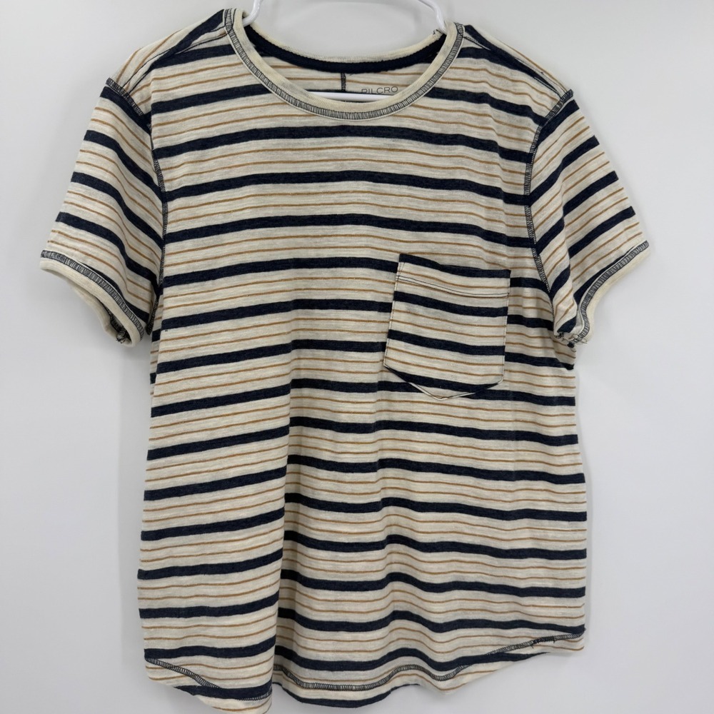 Pilcro and the Letterpress Striped Pocket Tee Blue Tan Cream XL